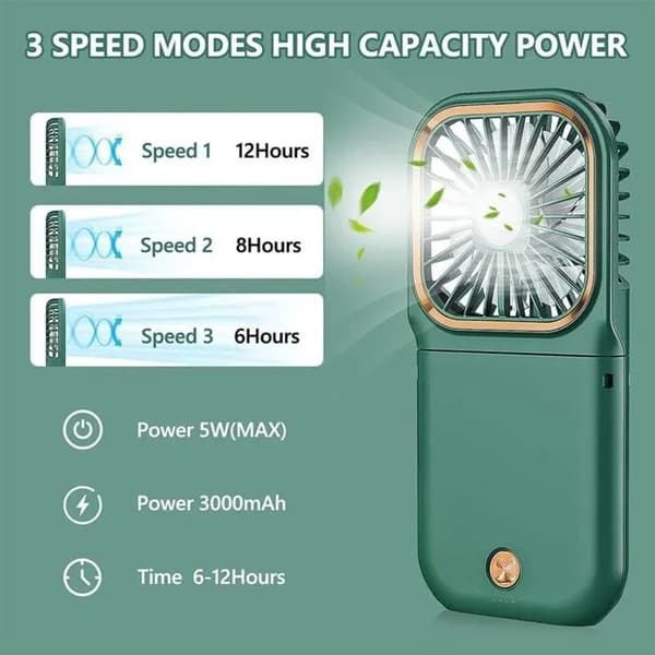 Mini Sammenfoldelig Lydløs USB Genopladelig Ventilator, 3000 mAh Powerbank, Bærbar