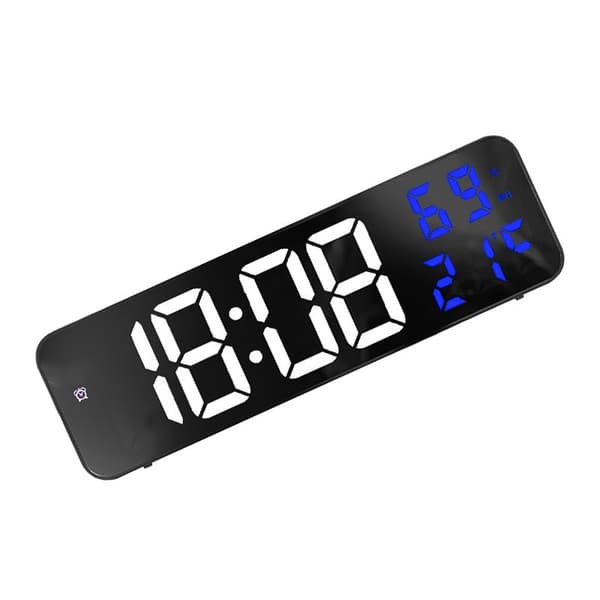 Stor digital LED-väckarklocka, spegelskärm, väggmonterad med stickkontakt, vit och blå