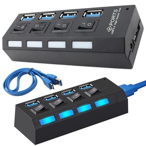 USB 3.0 Hub, 4-port, sort, splitter med tænd/sluk-knapper, hurtig dataoverførsel