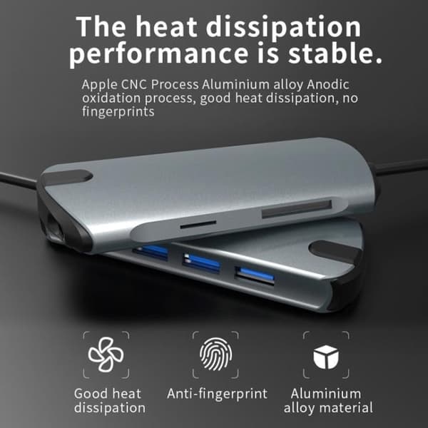 USB-C Hub 3.0 med HDMI, SD/TF-kortlæser, 3 USB-porte, AUX, til Macbook