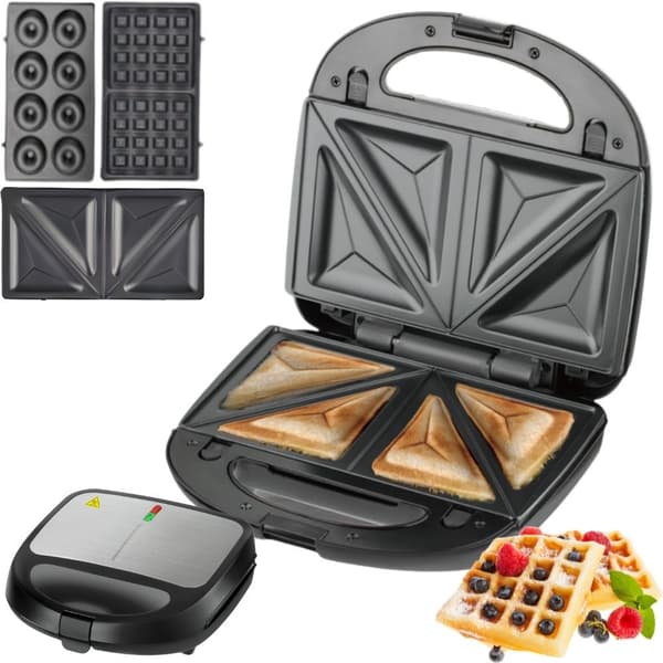 3-i-1 Smörgås-, Våffel- och Donutmaskin, 850W, Non-Stick, Utbytbara Plåtar