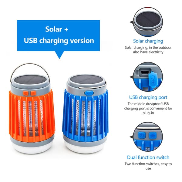 Solcellsdriven USB Uppladdningsbar 3-i-1 LED Campinglykta Ficklampa, Orange