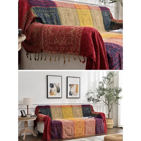 Chenille-pledd, bohemsk mykt vevd, 86\" x 102\", vendbart, kan maskinvaskes