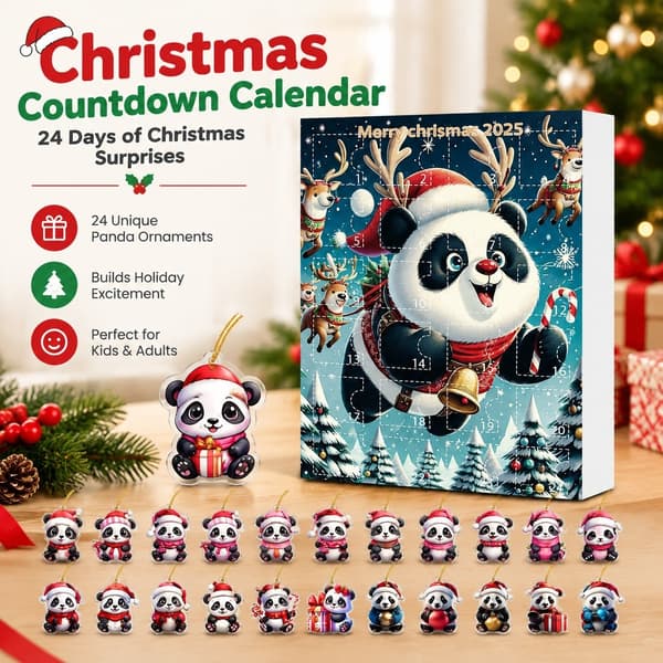 Julnedräkningskalender, 2D Akryl Panda Prydnad, 24-dagar, Stil A