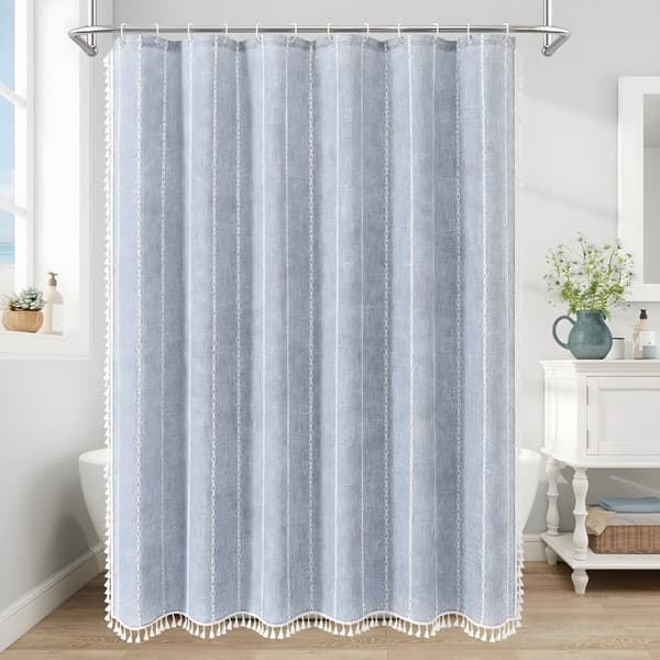 Blå Boho Stof Bruseforhæng, Bondegårdsstil Polyester Linned, Kvast, Rustik Badeværelsesindretning, 72x72