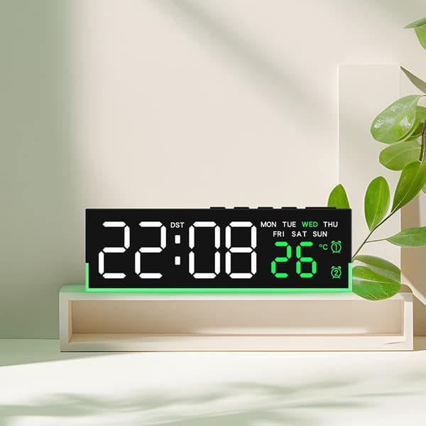 LED digital vekkerklokke med termometer, kalender, ukevisning, moderne nattbordsdekor 6681 black shell green light