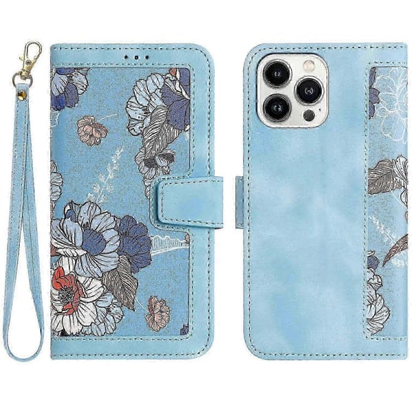 Etui til iPhone 13 Lyseblå Kort Snøre Trykt Læder Flip Kort Slot Crossbody Blomst Protecno4164