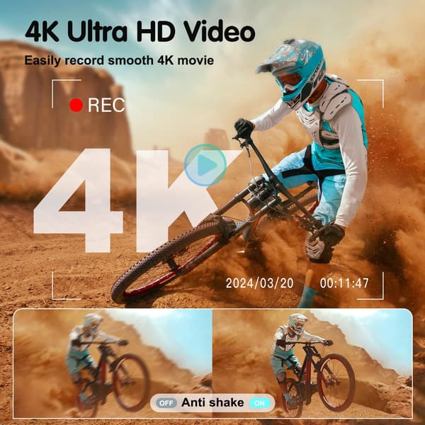 4K 64MP digitalkamera med front- og bakkamera, 32 GB minnekort, svart