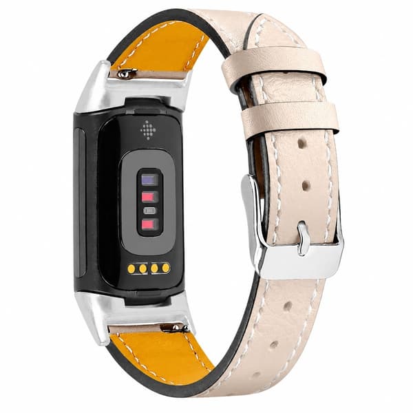 Äkta läderarmband för Fitbit Charge 5/6, beige, premium kohud, justerbart
