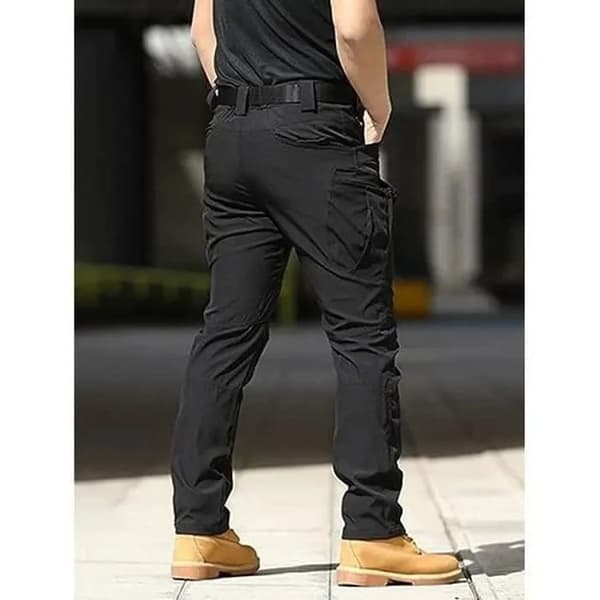 Herr Slim Fit Multi-Fickor Cargo Byxor med Dragkedja, Svart, Elastisk Midja, Arbete