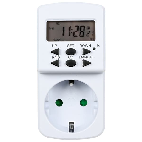 Digital timer, 230V 50Hz, 8A, nedtelling, tilfeldig, på/av, 12/24H