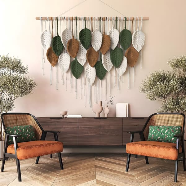Makrame vægophæng Boho vævet tapet, håndlavet bladfjervægkunst, 39\"B x 29.5\"L, boligindretning