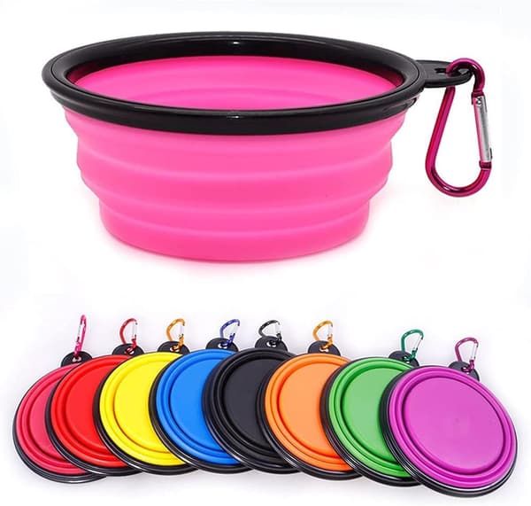 Sammenklappelig bærbar hundeskål til katte og hunde, foder- og vandskål til kæledyr med karabinhage Pink Medium(650ML)