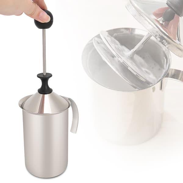 Mælkeskummer i rustfrit stål 400 ml, håndpumpe skummer med fjeder til kaffe