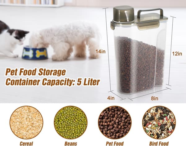 Foderbeholder til kæledyr, 2L/5L, bærbar til tørfoder, BPA-fri plast med låg, målebæger og hældetud Coffee Color