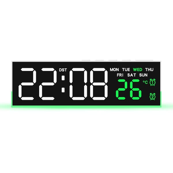 LED digital vekkerklokke, multifunksjonell med kalender og termometer, nattbord, plast 6681 white shell green light