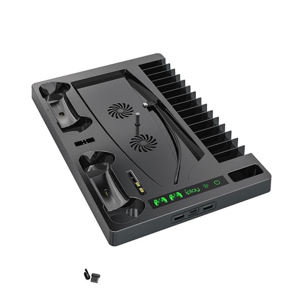 PS5 Kylställ med handkontrollsladdare, svart, ABS, spelförvaring, multifunktionell