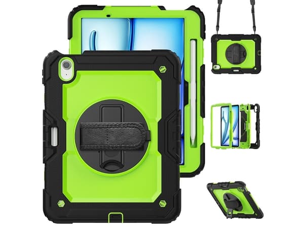Silikonfodral för iPad Air 11 2024, 2-lagers skyddsfodral med 360° stativ, gulgrön + svart