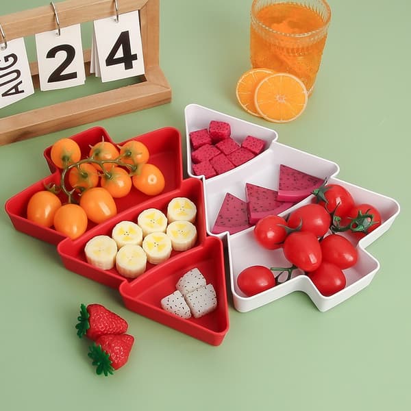 Plastik ruminddelt tallerken, juletræsdesign, snackbakke til nødder, slik, melonfrø, rød Red