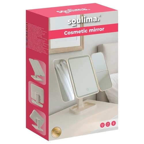 LED Sminkespeil, 3-panels sammenleggbart, 2x/3x forstørrelse, justerbart lys, USB-C, kremhvitt