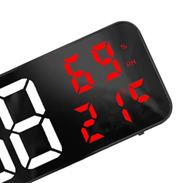 Stor digital LED-väckarklocka, spegeldisplay, väggmonterad med stickkontakt, vit och röd