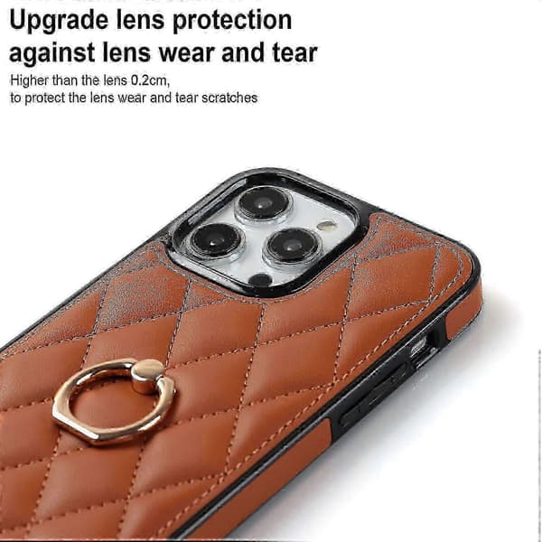 PU Läder+TPU Telefonfodral för iPhone 13 Pro Max, Sydd Romber Ringhållare Ställ Telefonöverdrag Brown