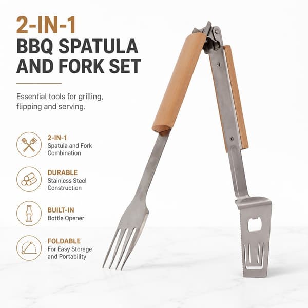 Grillspatula, gaffel og tangsett i rustfritt stål, langt håndtak, multifunksjonell grilltang for camping