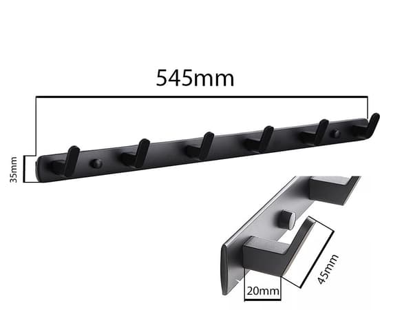 Væghængt knagerække 54,5 cm, sort, 6 kroge, loftstil til entre, soveværelse, badeværelse