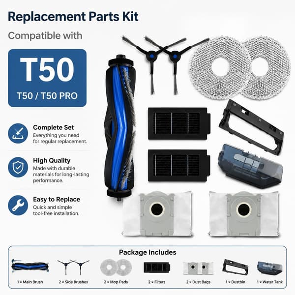 Ecovacs T50 Pro -robotti-imurin lisävarustesarja, 1 rullaharja, 2 sivuharjaa, 2 suodatinta, 2 moppiliinaa, 2 pölypussia