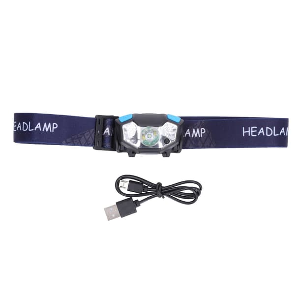 USB oppladbar hodelykt, vanntett, bevegelsessensor, høy lysstyrke, utendørs, svart