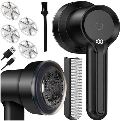 Elektrisk stofshaver, fnugfjerner til tøj, 6-bladet, 3 hastigheder, USB-C, trådløs
