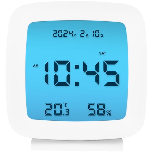 Digital vekkerklokke med dato, temperatur, fuktighet, slumrefunksjon, hvit