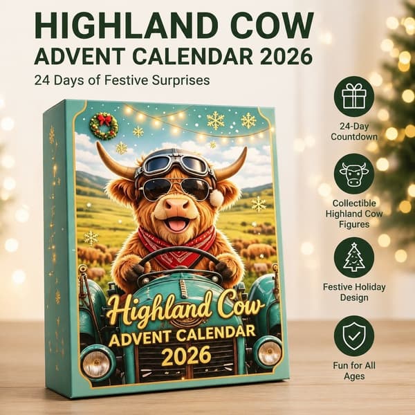 Højlandskvæg Julekalender 2026, Jule-nedtællings-blindboks, PVC-pynt Highland cattle sled model