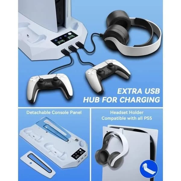 PS5 PS5 Slim Kjøleviftestativ, Dobbel Kontrollerlader med LED, 3 USB-porter white