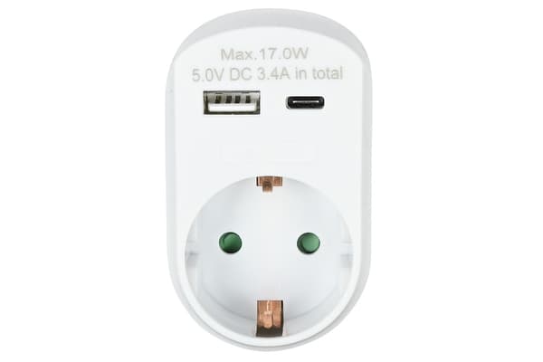 Vegguttak med USB-A og USB-C, hvit, 16A-adapter med 2 USB-porter
