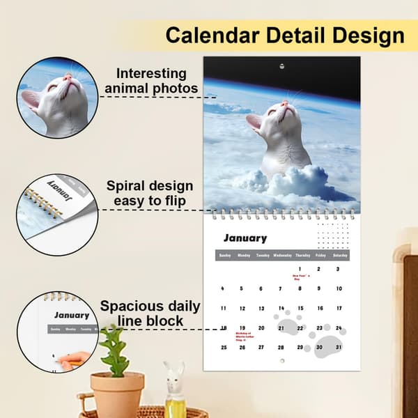 Skrivebordskalender for katteelskere 2026, månedlig påminnelse om helligdager, vertikalt design, hjemmeklasserom