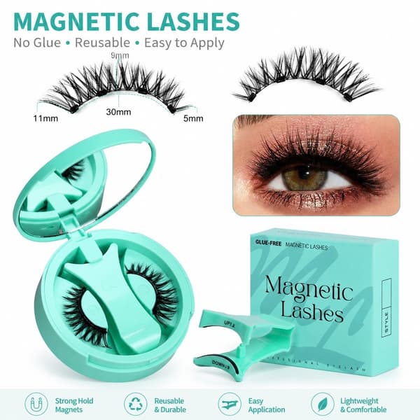 Magnetiska ögonfransar Kit, Mintgrön, Återanvändbara, Inget lim, Enkel applicering