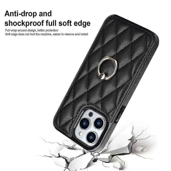 PU-lær + TPU-telefondeksel til iPhone 13 Pro Max, sydd rombe-ringholder med støtte Black