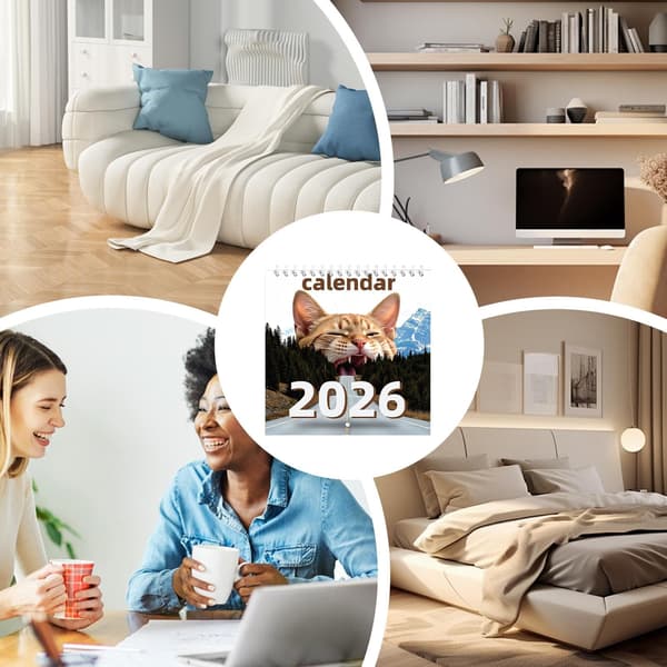Skrivebordskalender for katteelskere 2026, månedlig påminnelse om helligdager, vertikalt design, hjemmeklasserom