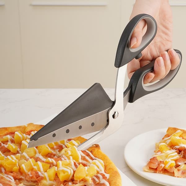 Pizzaleikkurisakset lastalla, ruostumaton teräs, terävä terä, ergonominen kahva, musta/harmaa