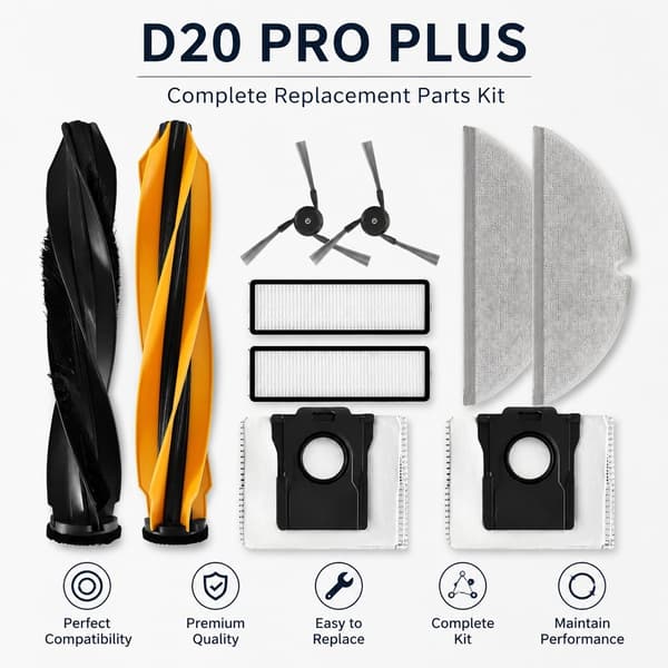 Tilbehørssett for feierobot til Chui Mi D20 Pro Plus, 1 hovedbørste, 2 sidebørster, 2 filtre, 2 moppeputer, 2 støvposer