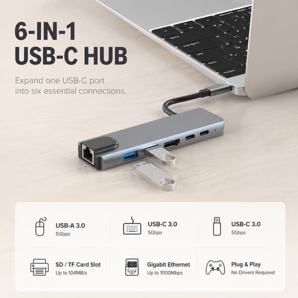 USB-C-moniporttisovitin, harmaa, USB-A USB-C HDMI RJ45, 4K, alumiini