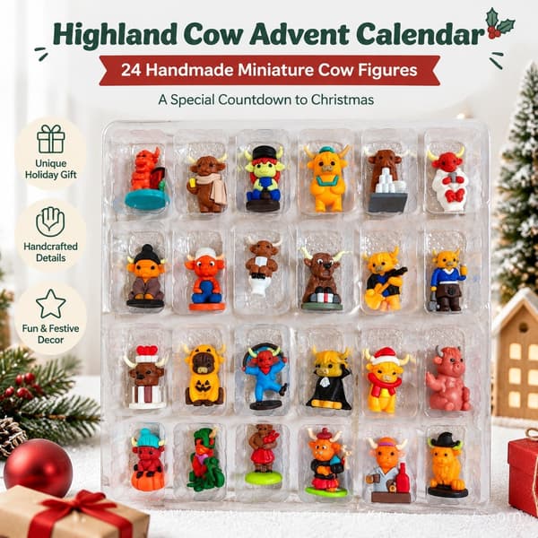 Høylandsfe Julekalender 2026, 3D Håndlaget PVC-figur, Moderne Dekor Style A