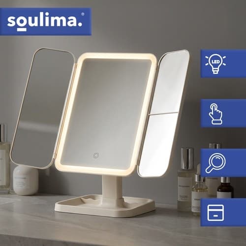 LED Sminkespeil, 3-panels sammenleggbart, 2x/3x forstørrelse, justerbart lys, USB-C, kremhvitt