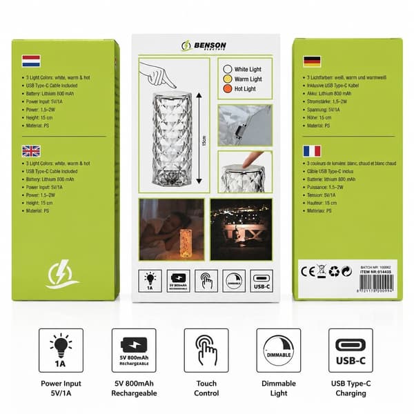 LED Bordlampe, Krystal, Genopladelig, 3 Farvetemperaturer, USB-C, 15cm