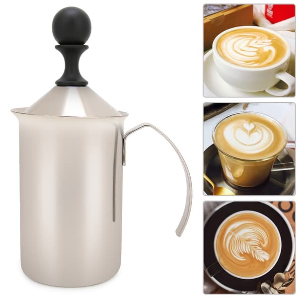 Mælkeskummer i rustfrit stål 400 ml, håndpumpe skummer med fjeder til kaffe