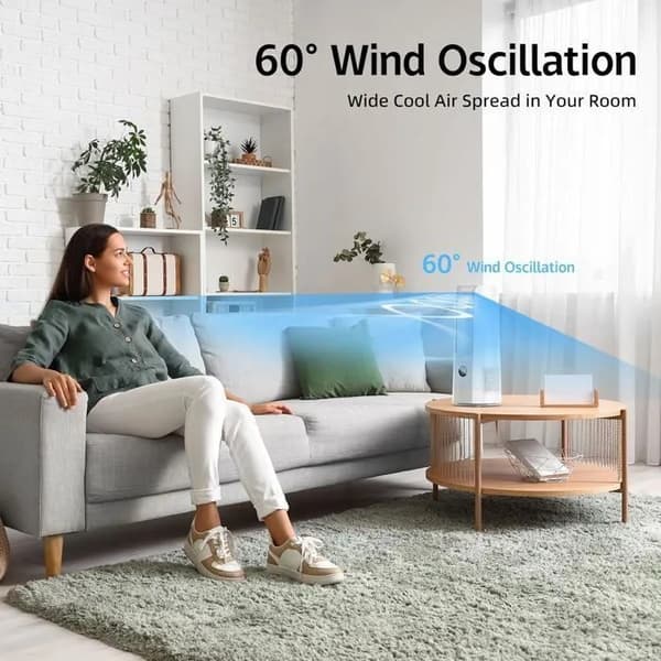 Bladeless tårnventilator, 9 hastigheder 60° oscillation, genopladelig bordventilator til kontor og soveværelse white