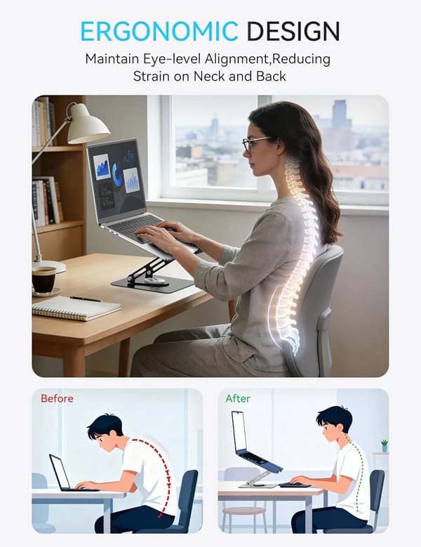 360° Roterende Laptopstander, Ergonomisk Metal Computer Riser, Justerbar Højde, Sammenklappelig, Ventileret, til 10-15.6\" Laptops - Sort