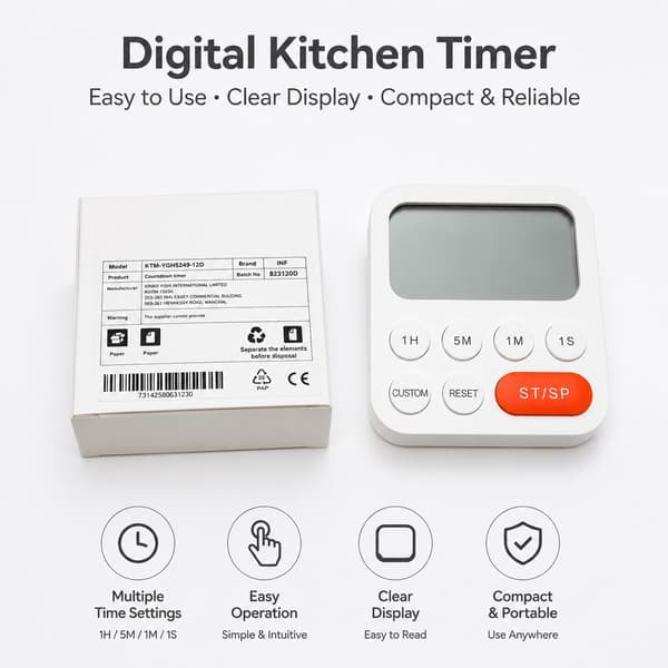 Digital køkkentimer med vækkeur, hvid, nedtælling og optælling, magnetisk, vægmonterbar