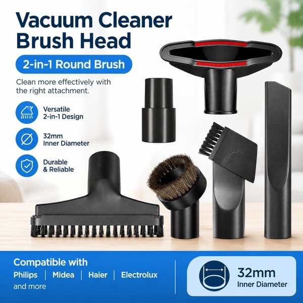 Dammsugarborsthuvud, 32 mm innerdiameter, 2-i-1 rund borste, PP, universell för Philips Midea PP Small Square Brush